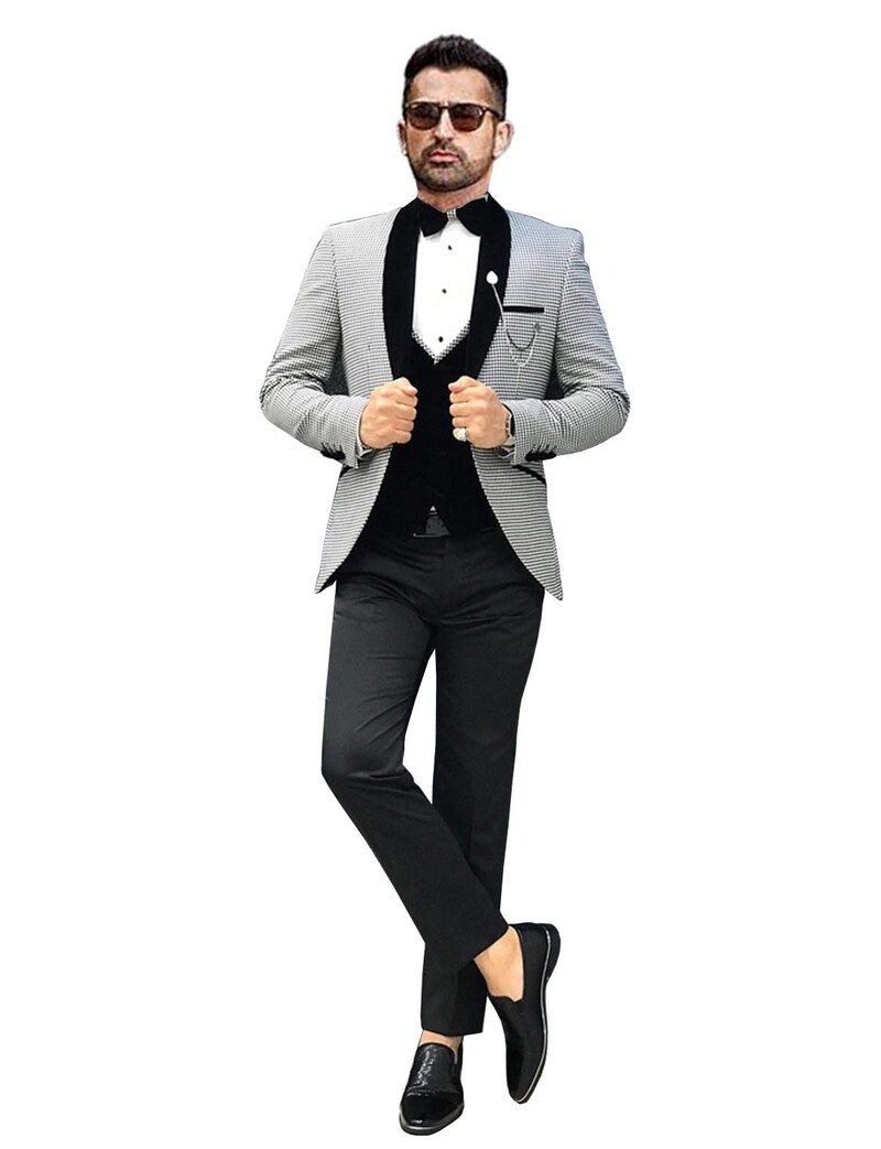 Férfi Houndstooth formális háromrészes öltöny bársony mellény és kendő hajtóka szmoking üzleti báli esküvői szett (kabát+mellény+nadrág))