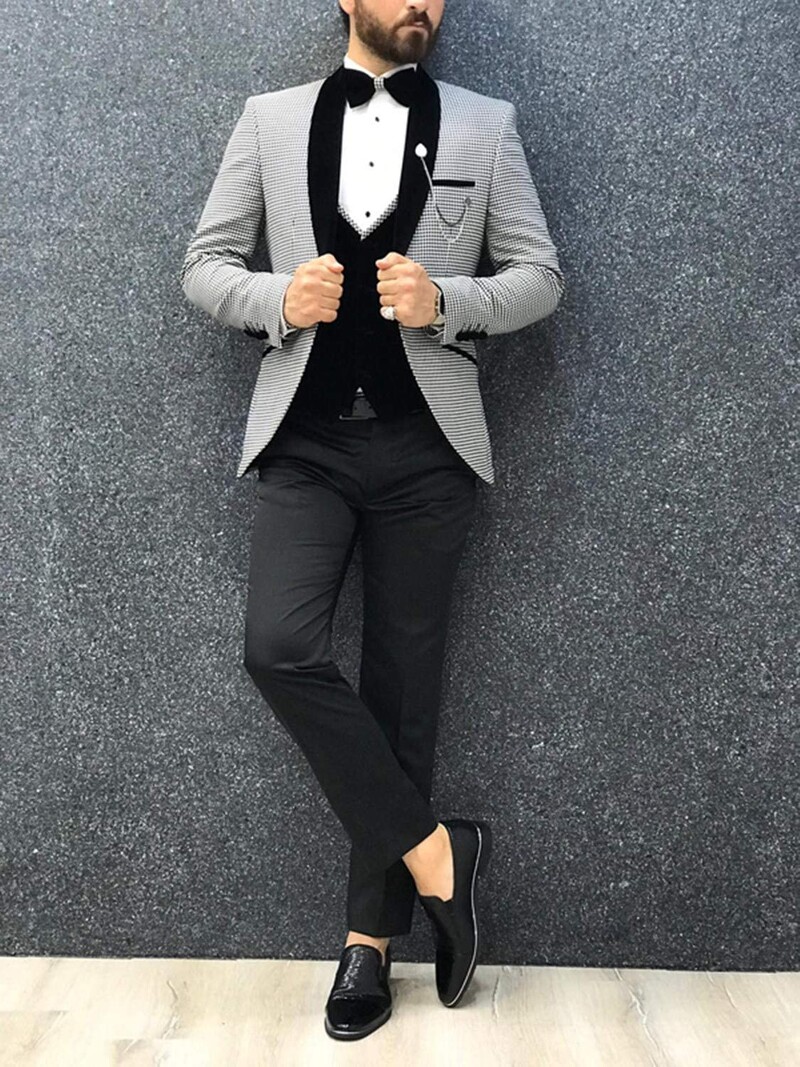 Férfi Houndstooth formális háromrészes öltöny bársony mellény és kendő hajtóka szmoking üzleti báli esküvői szett (kabát+mellény+nadrág))