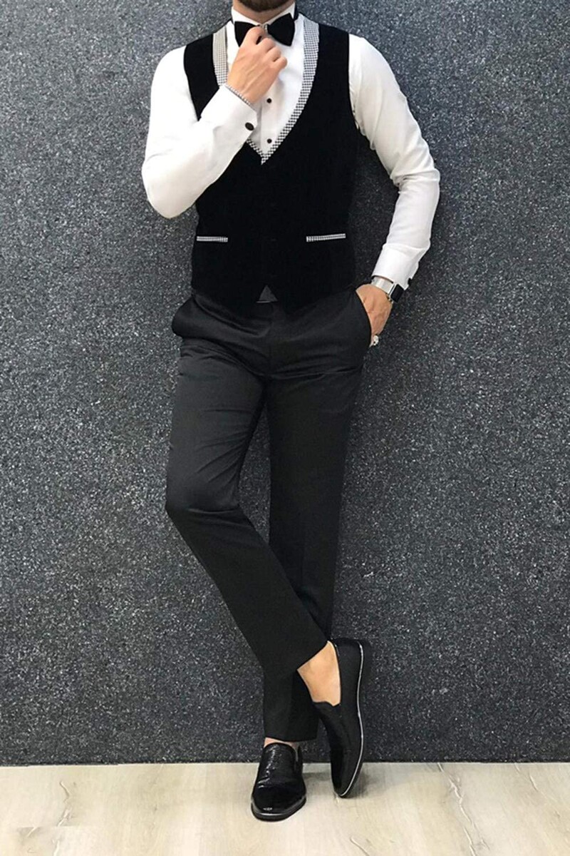 Férfi Houndstooth formális háromrészes öltöny bársony mellény és kendő hajtóka szmoking üzleti báli esküvői szett (kabát+mellény+nadrág))