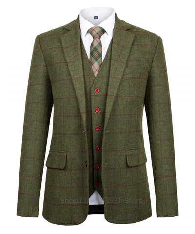 Costume pentru bărbați în carouri din lână verde, slim fit, nuntă, smoking, rever, petrecere de afaceri, set de 3 piese, costum pentru bărbați, jachetă, vestă, pantalon