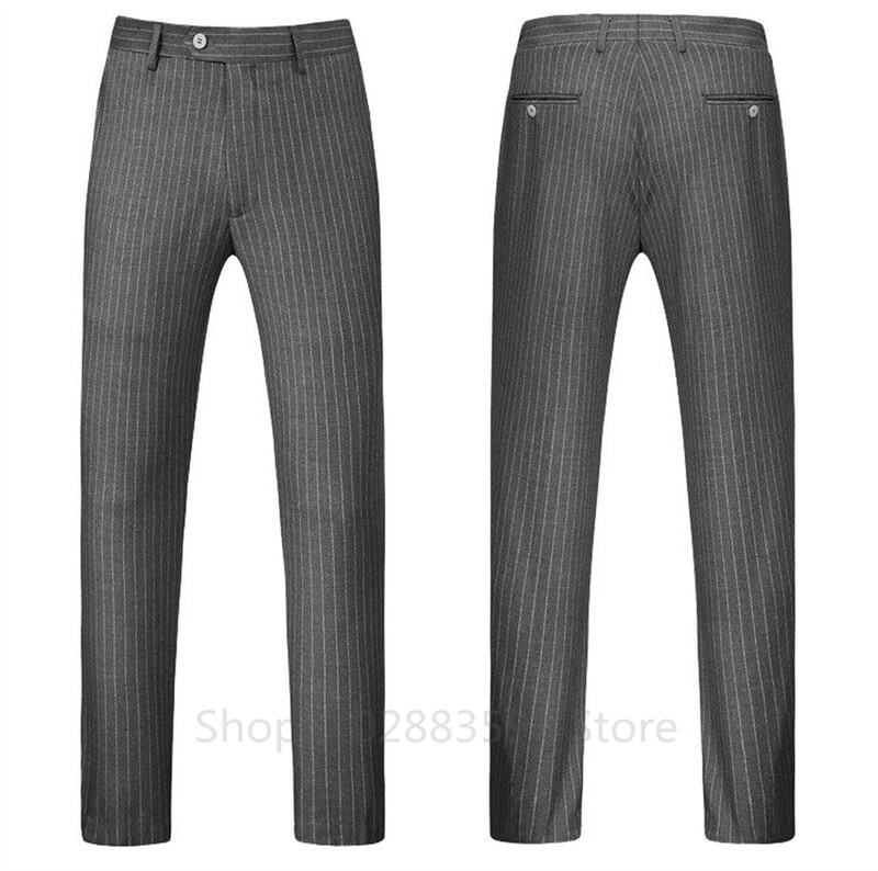 Klasszikus szürke csíkos férfi öltöny, kétsoros napi üzleti blézer nadrág mellény, karcsú, vőlegény szmoking, 3 részes szett Terno Masculino