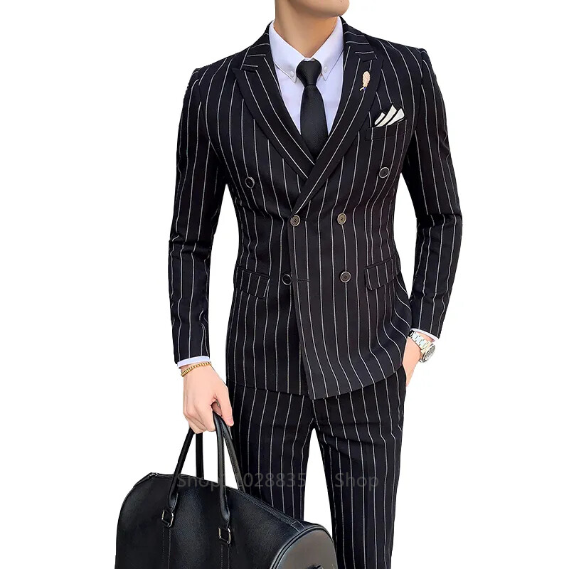 Costum bărbătesc cu dungi verticale Homme Slim Fit Business ediție coreeană Costum dublu piept pentru banchet de nuntă Set de 2 piese