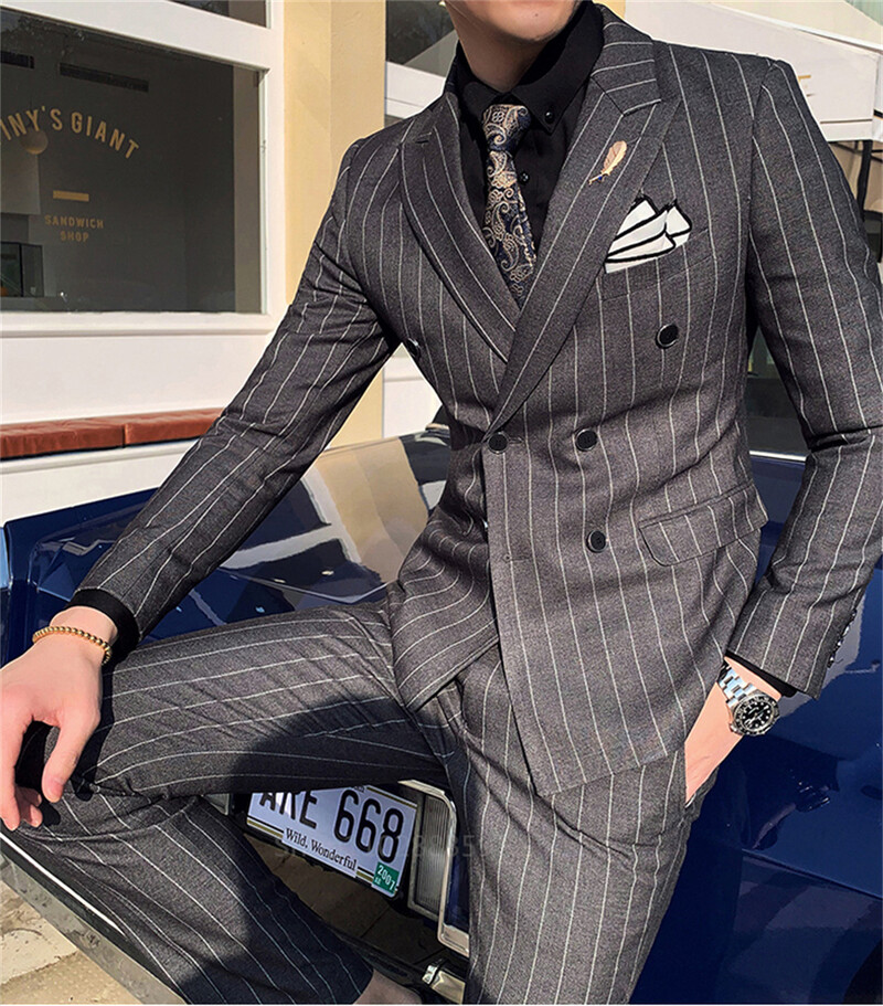 Costum bărbătesc cu dungi verticale Homme Slim Fit Business ediție coreeană Costum dublu piept pentru banchet de nuntă Set de 2 piese