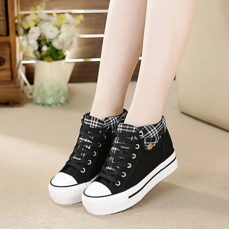 Sieviešu ikdienas apavi Plakanie sieviešu apavi ar biezu zoli ķīļveida audekla apavi Modes kovboju apavi Sieviešu kedas Šņorējamas Zapatillas De Mujer
