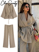 Jednobojne košulje na vezanje Hlače Ženski labavi pamučni laneni gornji dio Duge hlače Žensko odijelo 2024. Proljeće ljeto Lady Soft 2 komada