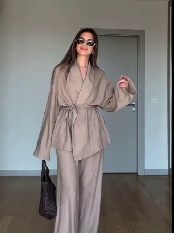 Jednobojne košulje na vezanje Hlače Ženski labavi pamučni laneni gornji dio Duge hlače Žensko odijelo 2024. Proljeće ljeto Lady Soft 2 komada