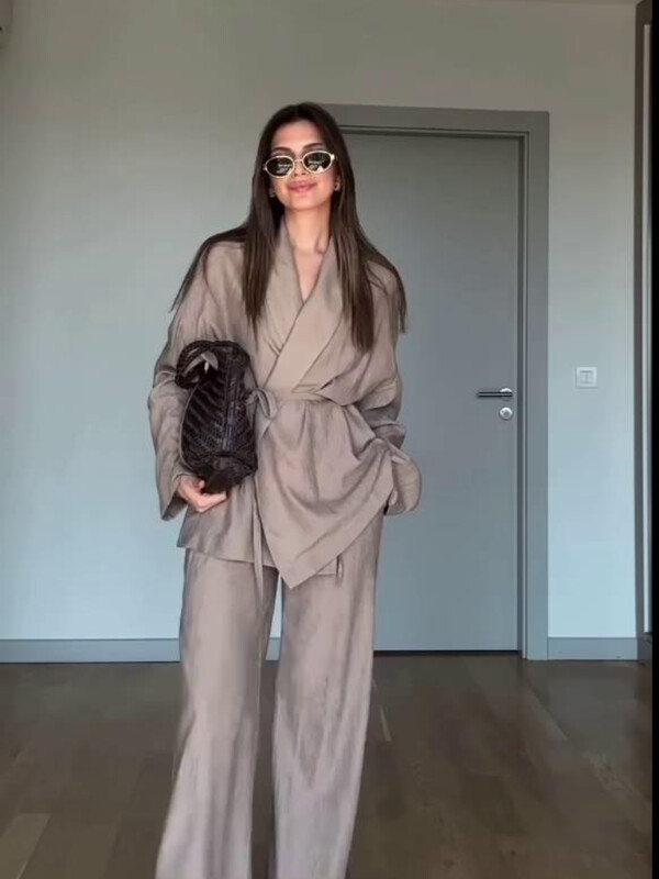 Jednobojne košulje na vezanje Hlače Ženski labavi pamučni laneni gornji dio Duge hlače Žensko odijelo 2024. Proljeće ljeto Lady Soft 2 komada