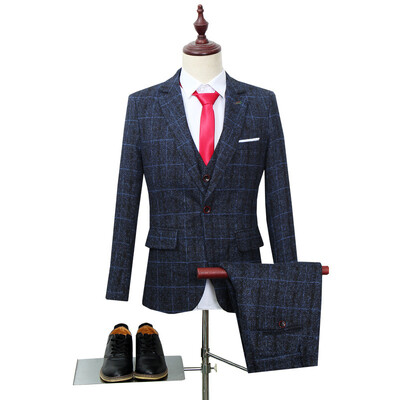 Meeste ülikonnakomplekt, kolmeosaline komplekt, Korea versioon, Slim Fit, Briti vabamood, peigmehe pulmad, väike ruuduline ülikond, meeste kostüümid