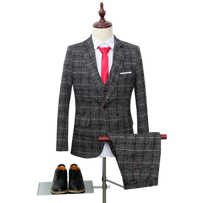 Meeste ülikonnakomplekt, kolmeosaline komplekt, Korea versioon, Slim Fit, Briti vabamood, peigmehe pulmad, väike ruuduline ülikond, meeste kostüümid