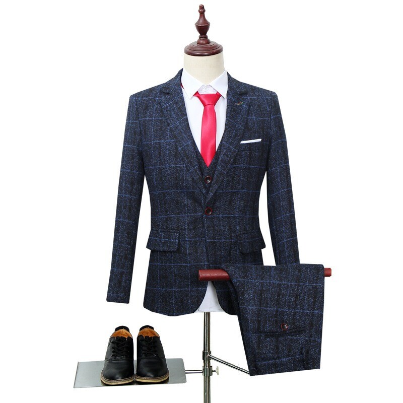 Set costum bărbați, set trei piese, versiune coreeană, slim fit, modă casual britanică, nunta mirilor, costum mic în carouri, bărbați