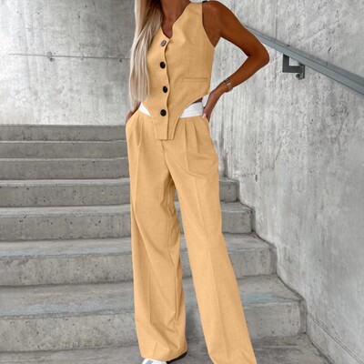 Üzleti nadrág szettek Női elegáns, egyszínű mellény kardigán zsebekkel széles szárú egyenes nadrág Női ünnepi ruházat