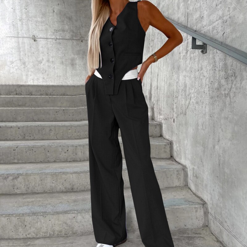 Üzleti nadrág szettek Női elegáns, egyszínű mellény kardigán zsebekkel széles szárú egyenes nadrág Női ünnepi ruházat