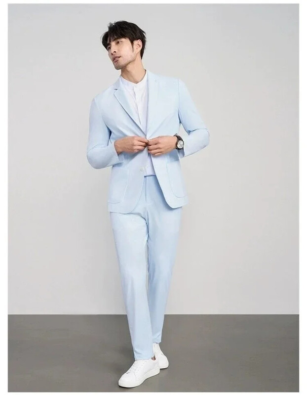 Μόδα βρετανική μπουτίκ ανδρικό κοστούμι Casual μονόχρωμο μπλε σετ 2 τεμαχίων Νυφικό κουμπάρο πάρτι (Blazer+ παντελόνι)