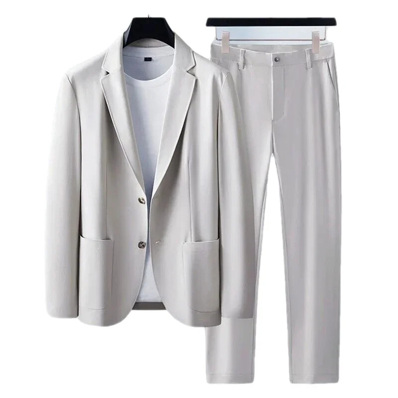 Μόδα βρετανική μπουτίκ ανδρικό κοστούμι Casual μονόχρωμο μπλε σετ 2 τεμαχίων Νυφικό κουμπάρο πάρτι (Blazer+ παντελόνι)