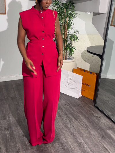 Modni, ležerni jednobojni dvodijelni ženski set bez rukava s dugmadima, gornji dio širokih nogavica bez rukava Ljetni dvodijelni set ženski