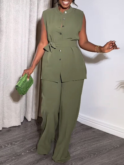 Modni, ležerni jednobojni dvodijelni ženski set bez rukava s dugmadima, gornji dio širokih nogavica bez rukava Ljetni dvodijelni set ženski