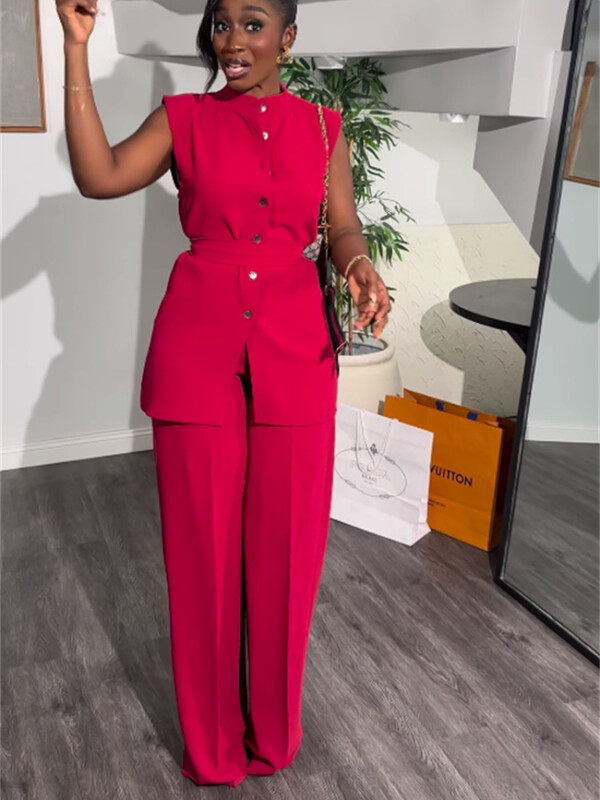 Modni, ležerni jednobojni dvodijelni ženski set bez rukava s dugmadima, gornji dio širokih nogavica bez rukava Ljetni dvodijelni set ženski