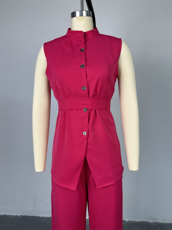 Modni, ležerni jednobojni dvodijelni ženski set bez rukava s dugmadima, gornji dio širokih nogavica bez rukava Ljetni dvodijelni set ženski