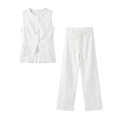 2024, vară, ocazional, vestă, set, două piese, femei, sexy, un singur piept, talie înaltă, pantaloni, picior lat, costum de femeie, in, bumbac, set de damă