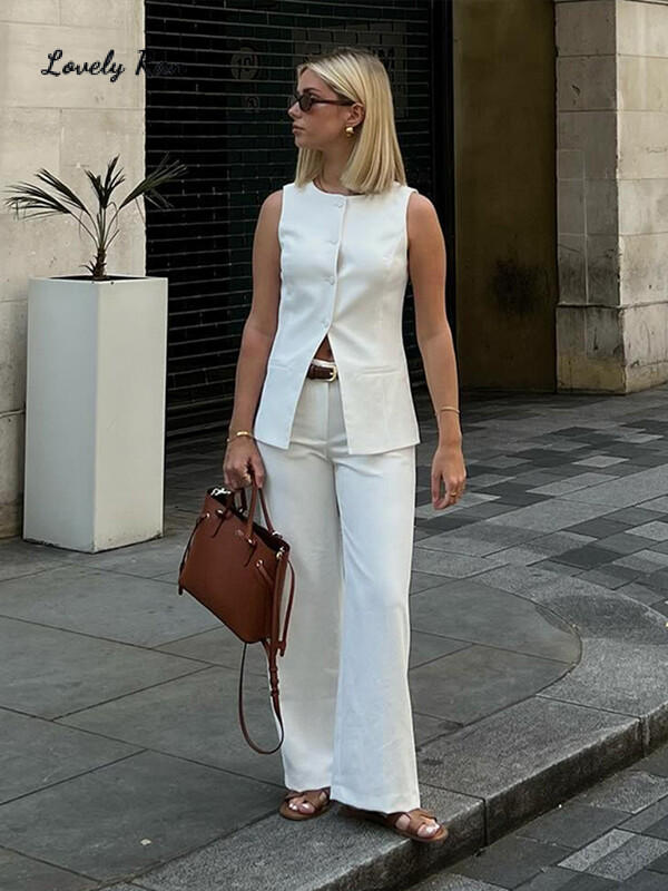 2024, vară, ocazional, vestă, set, două piese, femei, sexy, un singur piept, talie înaltă, pantaloni, picior lat, costum de femeie, in, bumbac, set de damă