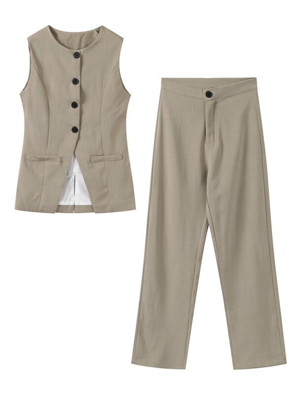2024, vară, ocazional, vestă, set, două piese, femei, sexy, un singur piept, talie înaltă, pantaloni, picior lat, costum de femeie, in, bumbac, set de damă