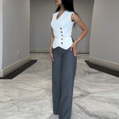 2GAB pogas Decor Vest Crop Top & Colorblock Straight Leg Bikses komplekts Sieviešu uzvalki