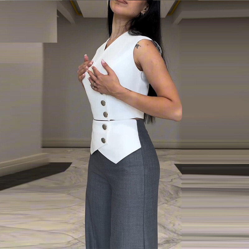 2GAB pogas Decor Vest Crop Top & Colorblock Straight Leg Bikses komplekts Sieviešu uzvalki