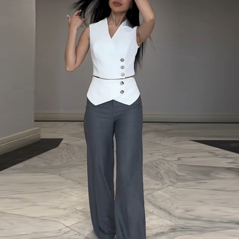 2GAB pogas Decor Vest Crop Top & Colorblock Straight Leg Bikses komplekts Sieviešu uzvalki