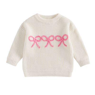 Őszi tél újszülött gyerekek lányok meleg pulóverek alkalmi masni hímzés kötött hosszú ujjú pulóver csecsemő kötöttáru bő felsők