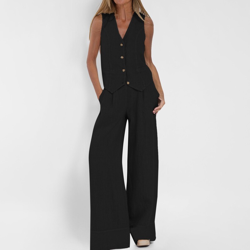 2 részes szettek Női ruha V nyakú ujjatlan egysoros mellény, széles szárú nadrág szett Elegáns pamut lenvászon felsők nadrágkosztüm