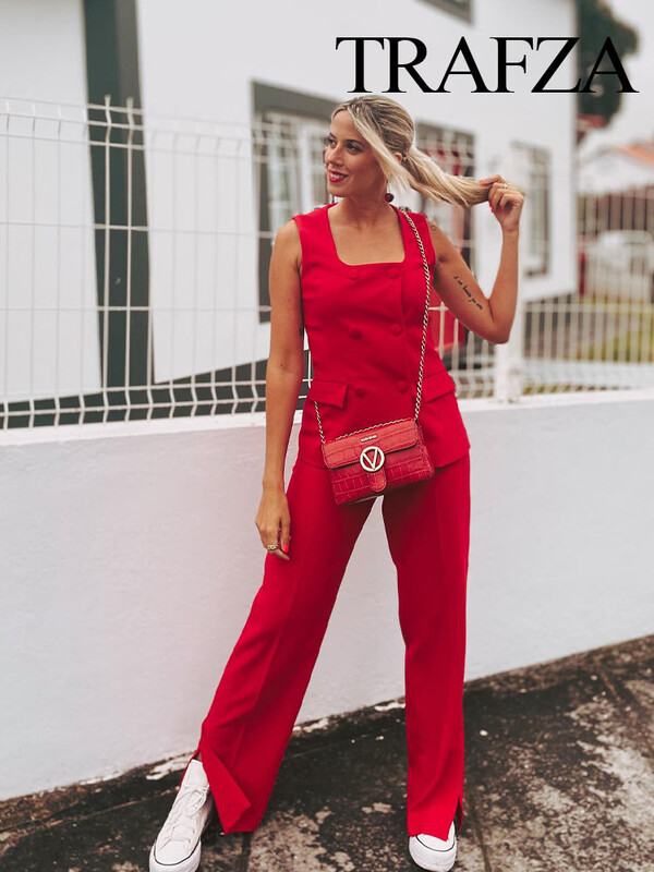 TRAFZA női nyári divatos öltönyök Vörös szögletes nyakú, ujjatlan zsebekkel, duplasoros mellény felső + derékközépen hasított, egyenes nadrág