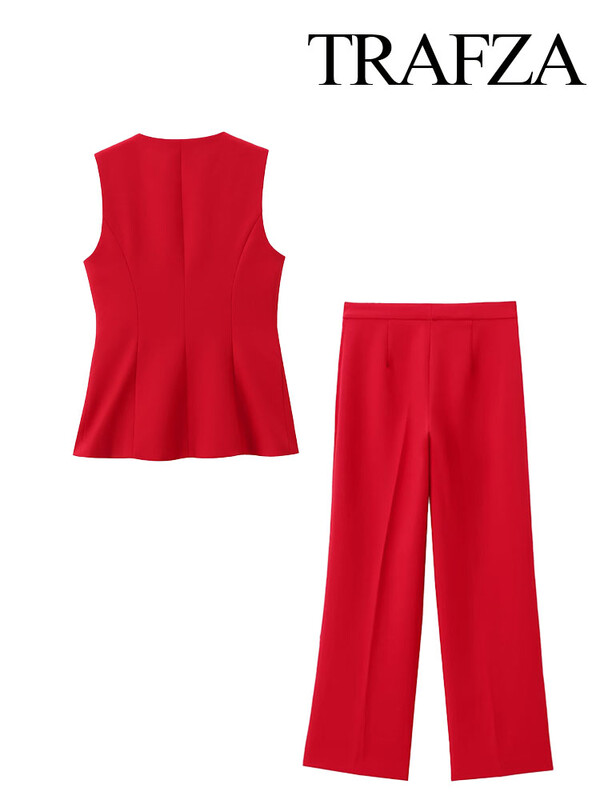 TRAFZA női nyári divatos öltönyök Vörös szögletes nyakú, ujjatlan zsebekkel, duplasoros mellény felső + derékközépen hasított, egyenes nadrág