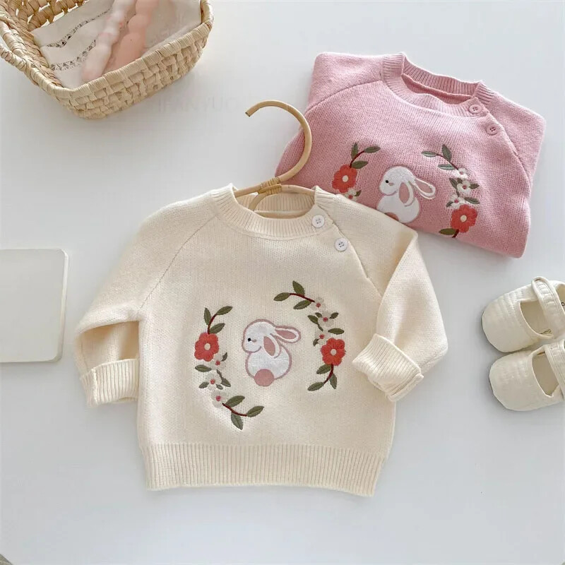 Gyerekruházat Lányok Karton Hímzés Nyúl Virág Pulóverek Divat koreai Gyerekek Őszi Téli Meleg Felső Őszi Babakabátok