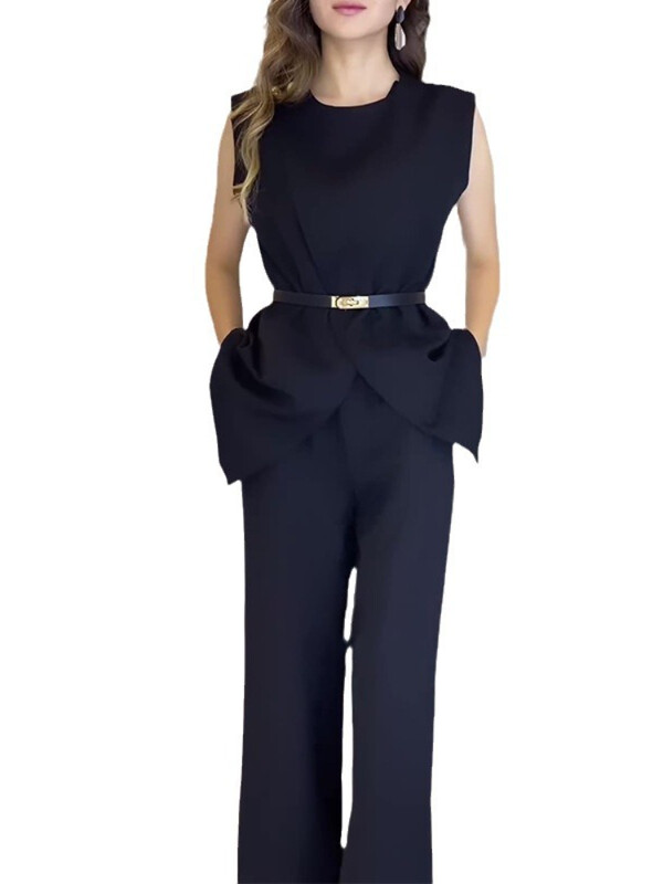 Pojas s okruglim ovratnikom, bez rukava, bijele majice s visokim strukom, jednobojne duge hlače širokih nogavica, uski, elegantni dvodijelni setovi, ženski set hlača