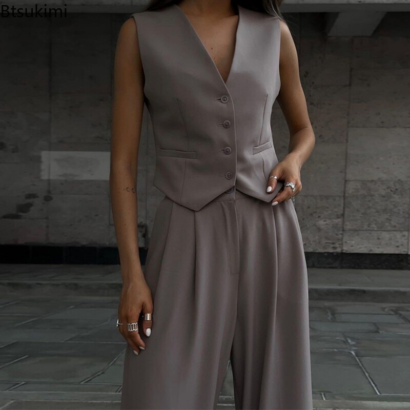 Ženski ljetni komplet hlača od 2 komada za 2024., jednoredni prsluk bez rukava s V-izrezom i kompleti hlača širokih nogavica, modna ležerna odijela