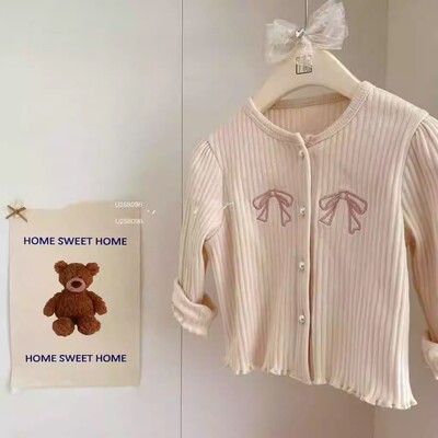 Dječji džemperi za djevojčice Slatki izvezeni pleteni kardigan s mašnom Kawaii ružičasti pleteni pulover za djevojčice 2-7 godina