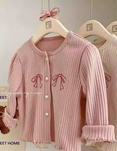 Dječji džemperi za djevojčice Slatki izvezeni pleteni kardigan s mašnom Kawaii ružičasti pleteni pulover za djevojčice 2-7 godina