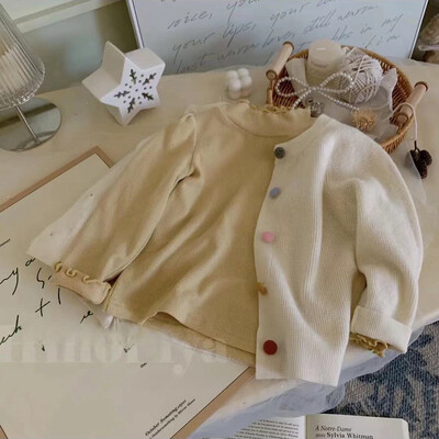 Плетен пуловер за момичета, едноредни плетени жилетки с дълъг ръкав в корейски стил, Детски връхни дрехи, есенни детски дрехи, плетени горнища