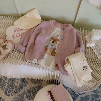 Плетен пуловер за момичета, едноредни плетени жилетки с дълъг ръкав в корейски стил, Детски връхни дрехи, есенни детски дрехи, плетени горнища