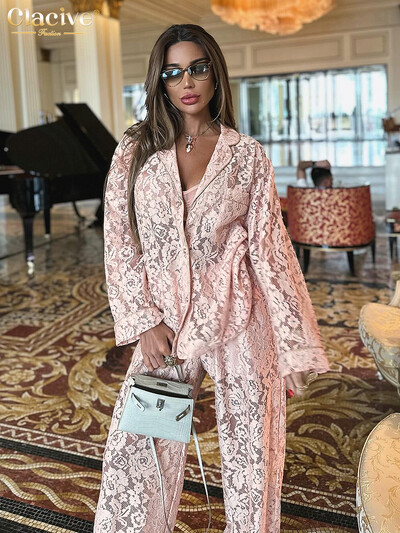 Clacive Seksi opušteni kompleti prozirnih hlača od crne čipke Ženska dvodijelna modna košulja dugih rukava s visokim strukom Široki komplet hlača