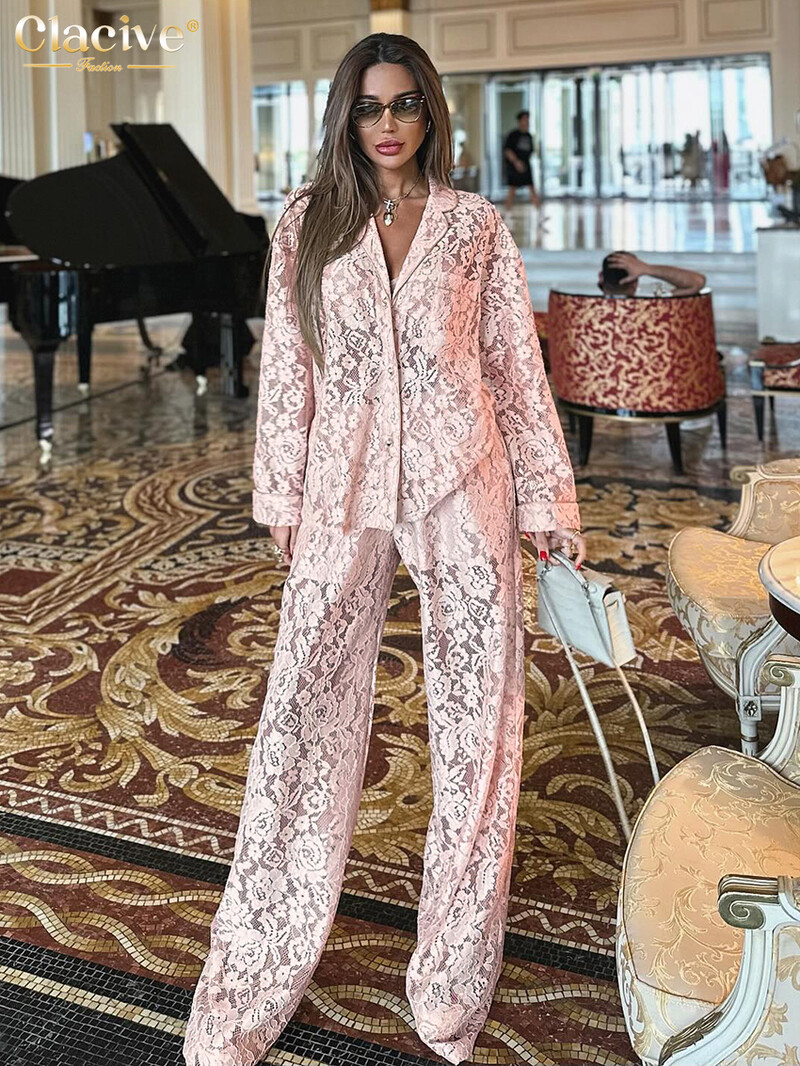 Clacive Seksi opušteni kompleti prozirnih hlača od crne čipke Ženska dvodijelna modna košulja dugih rukava s visokim strukom Široki komplet hlača
