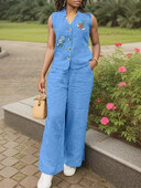 ZANZEA Sieviešu 2GAB bikšu komplekti Vintage bezpiedurkņu izšūšanas veste topi Elastīgs viduklis platas bikses Vasaras uzvalki kostīmi