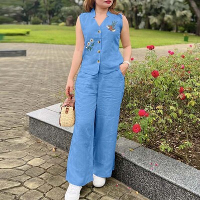 ZANZEA Sieviešu 2GAB bikšu komplekti Vintage bezpiedurkņu izšūšanas veste topi Elastīgs viduklis platas bikses Vasaras uzvalki kostīmi