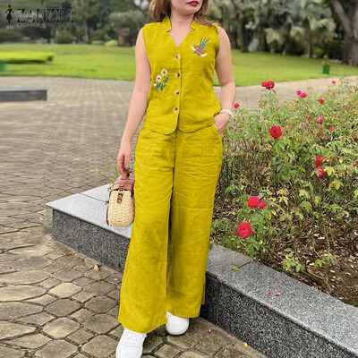 ZANZEA Sieviešu 2GAB bikšu komplekti Vintage bezpiedurkņu izšūšanas veste topi Elastīgs viduklis platas bikses Vasaras uzvalki kostīmi