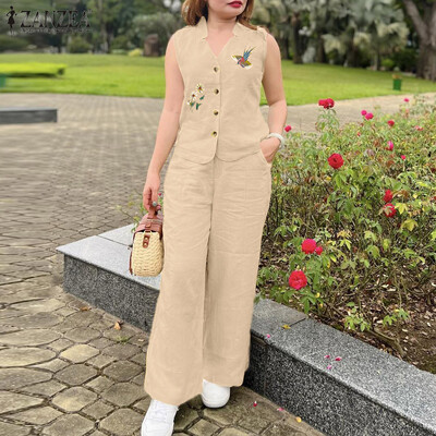 ZANZEA Sieviešu 2GAB bikšu komplekti Vintage bezpiedurkņu izšūšanas veste topi Elastīgs viduklis platas bikses Vasaras uzvalki kostīmi