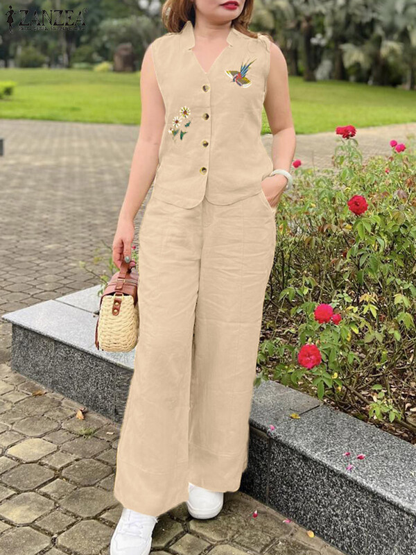 ZANZEA Sieviešu 2GAB bikšu komplekti Vintage bezpiedurkņu izšūšanas veste topi Elastīgs viduklis platas bikses Vasaras uzvalki kostīmi