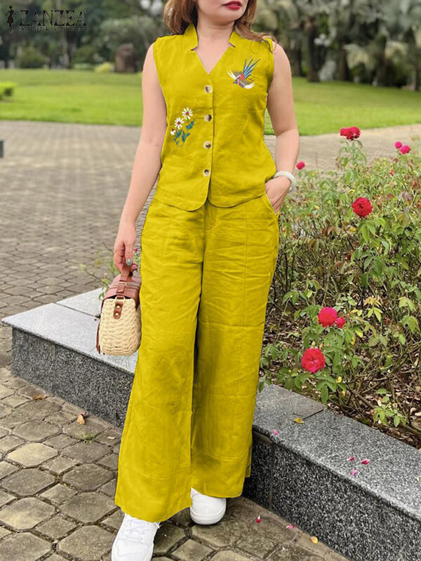 ZANZEA Sieviešu 2GAB bikšu komplekti Vintage bezpiedurkņu izšūšanas veste topi Elastīgs viduklis platas bikses Vasaras uzvalki kostīmi