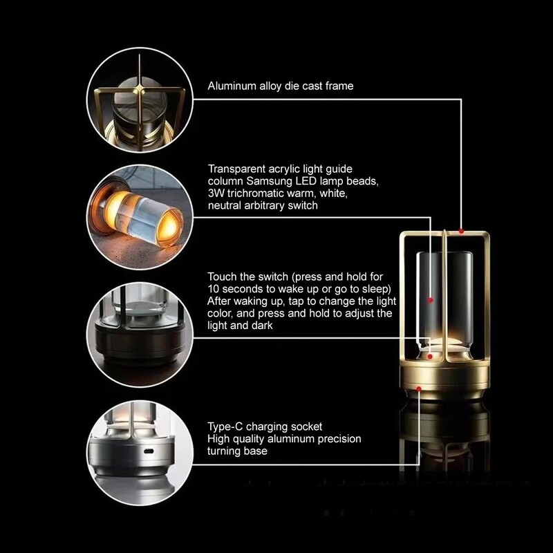 Lampă de masă LED Aluminiu Cristal Restaurant Bar Lampă de birou Reglarea atmosferei 5200mAh Încărcare USB Comutator tactil Decorare dormitor