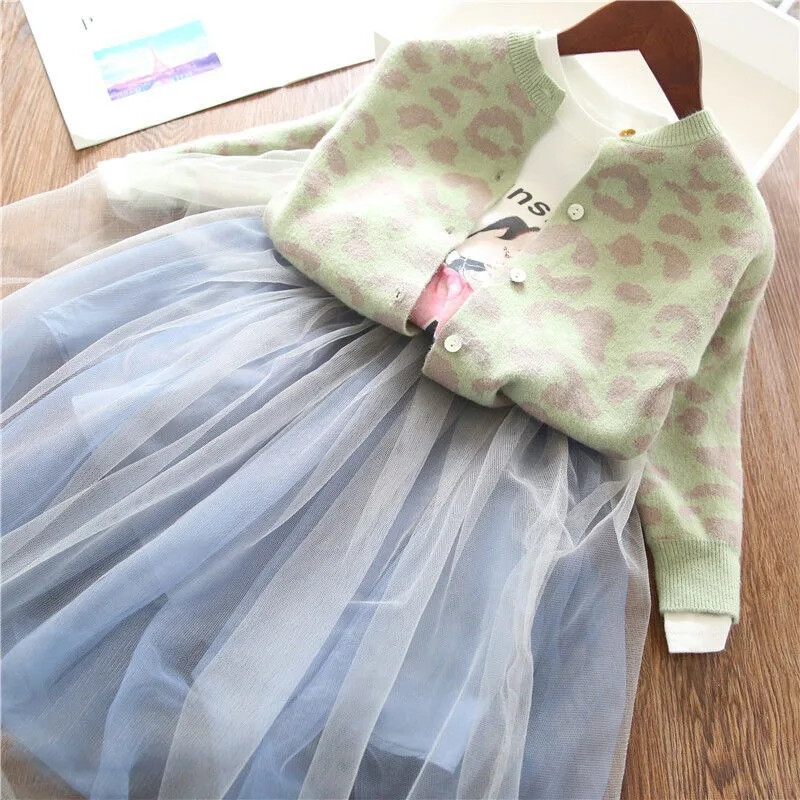 Moderan pleteni kardigan jakna s leopard uzorkom za djevojčice Dječji moderan džemper s okruglim izrezom Proljeće 2024. Trendy