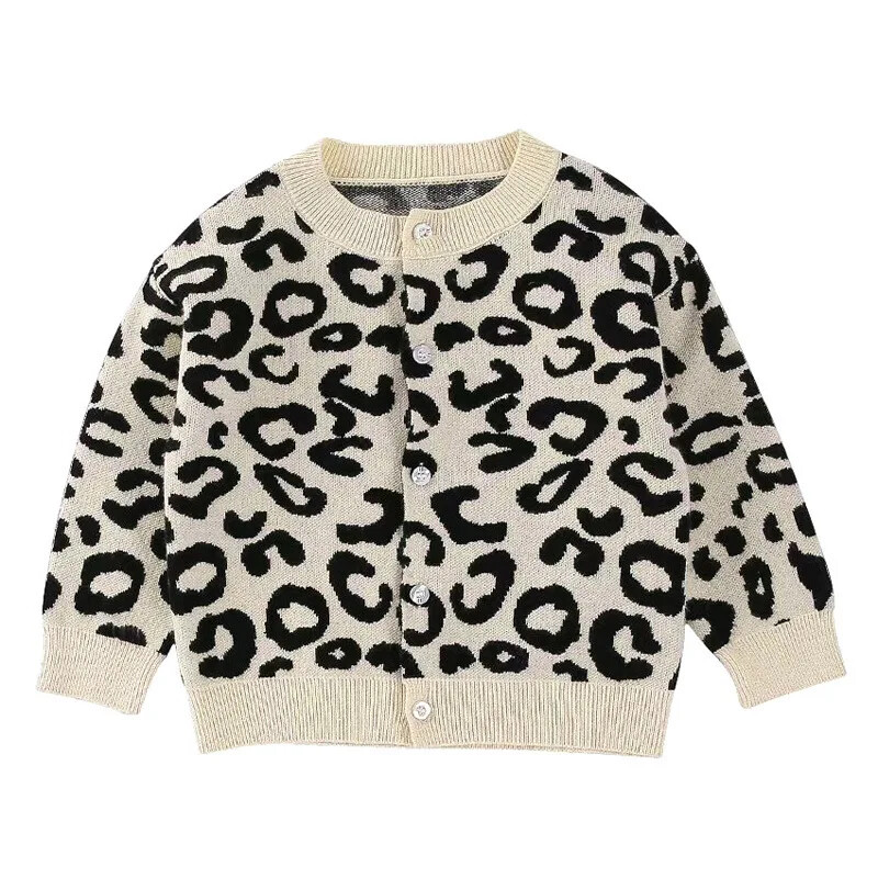 Moderan pleteni kardigan jakna s leopard uzorkom za djevojčice Dječji moderan džemper s okruglim izrezom Proljeće 2024. Trendy